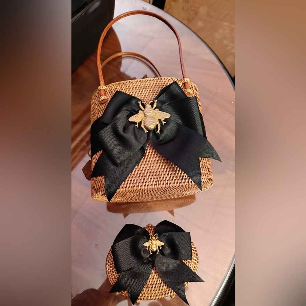 Elegant Bosom Buddy Woven Bag & Clutch with Black Bow and Gold Bee Accent